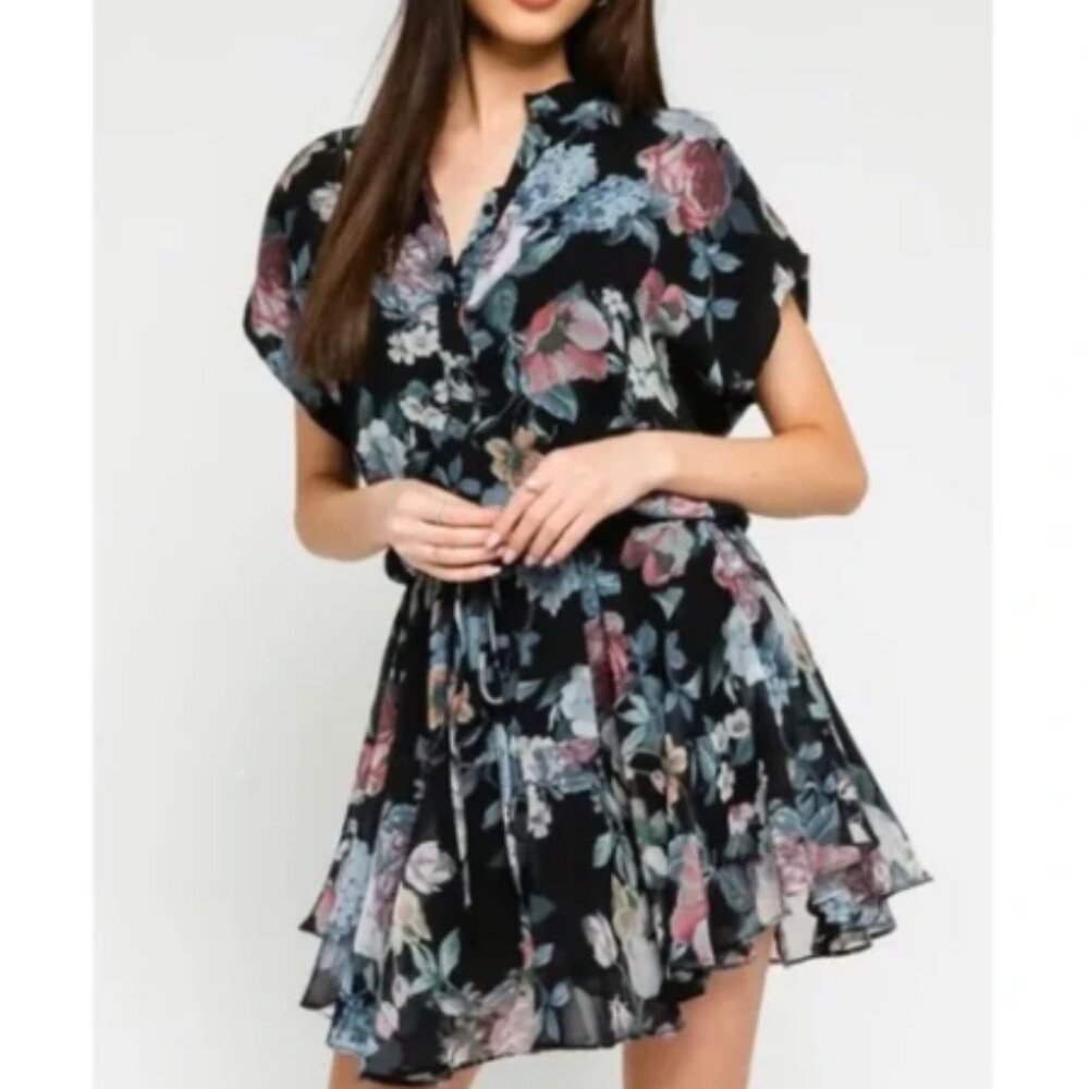 Vici Blue & Pink Floral Black Ruffle Mini Dress